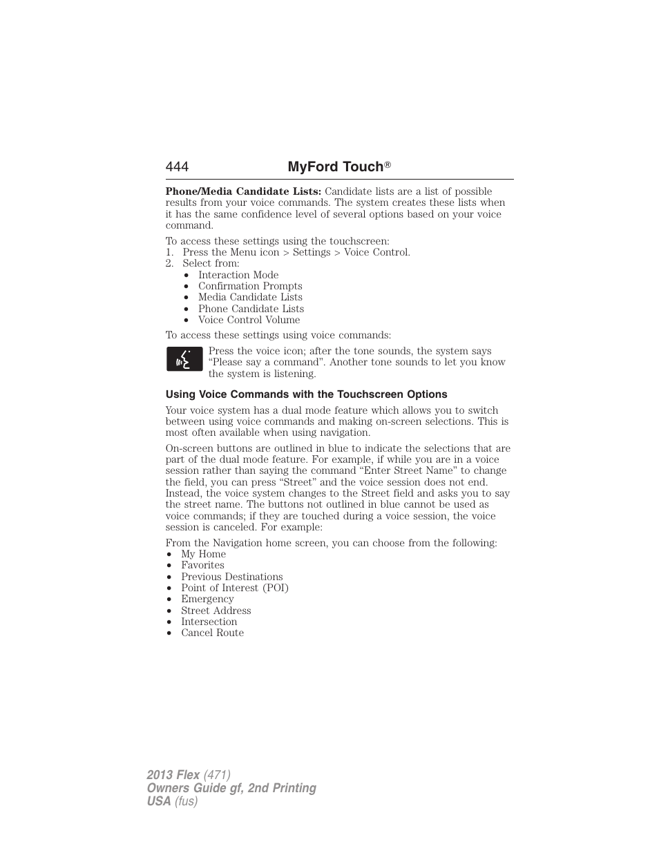 Using voice commands with the touchscreen options, 444 myford touch | FORD 2013 Flex v.2 User Manual | Page 444 / 535