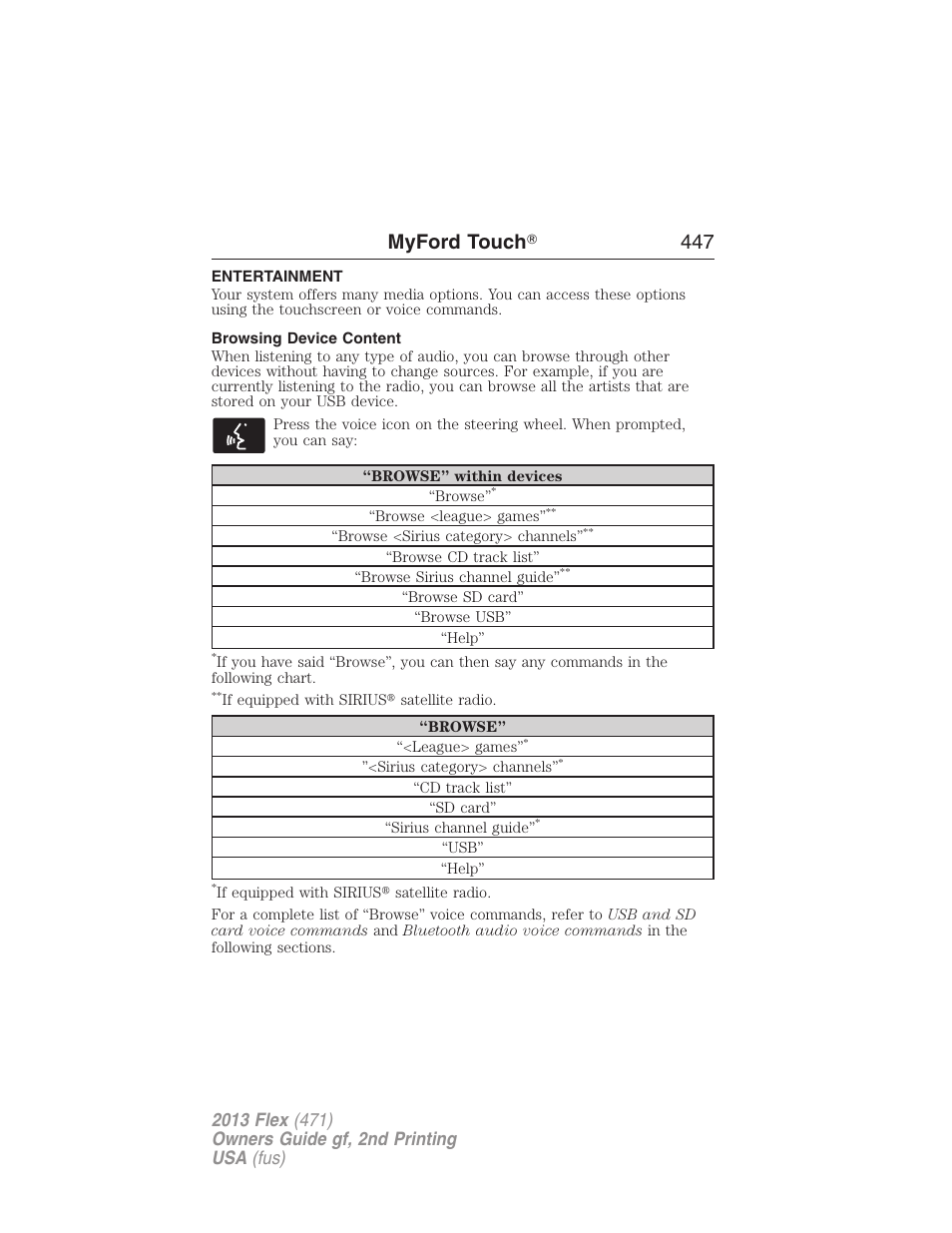 Entertainment, Browsing device content, Listening to music | Myford touch ா 447 | FORD 2013 Flex v.2 User Manual | Page 447 / 535