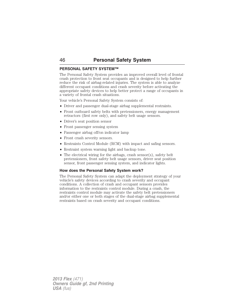 Personal safety system, How does the personal safety system work, 46 personal safety system | FORD 2013 Flex v.2 User Manual | Page 46 / 535