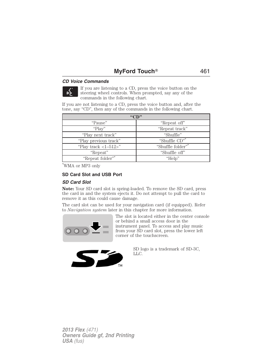 Cd voice commands, Sd card slot and usb port, Sd card slot | Myford touch ா 461 | FORD 2013 Flex v.2 User Manual | Page 461 / 535