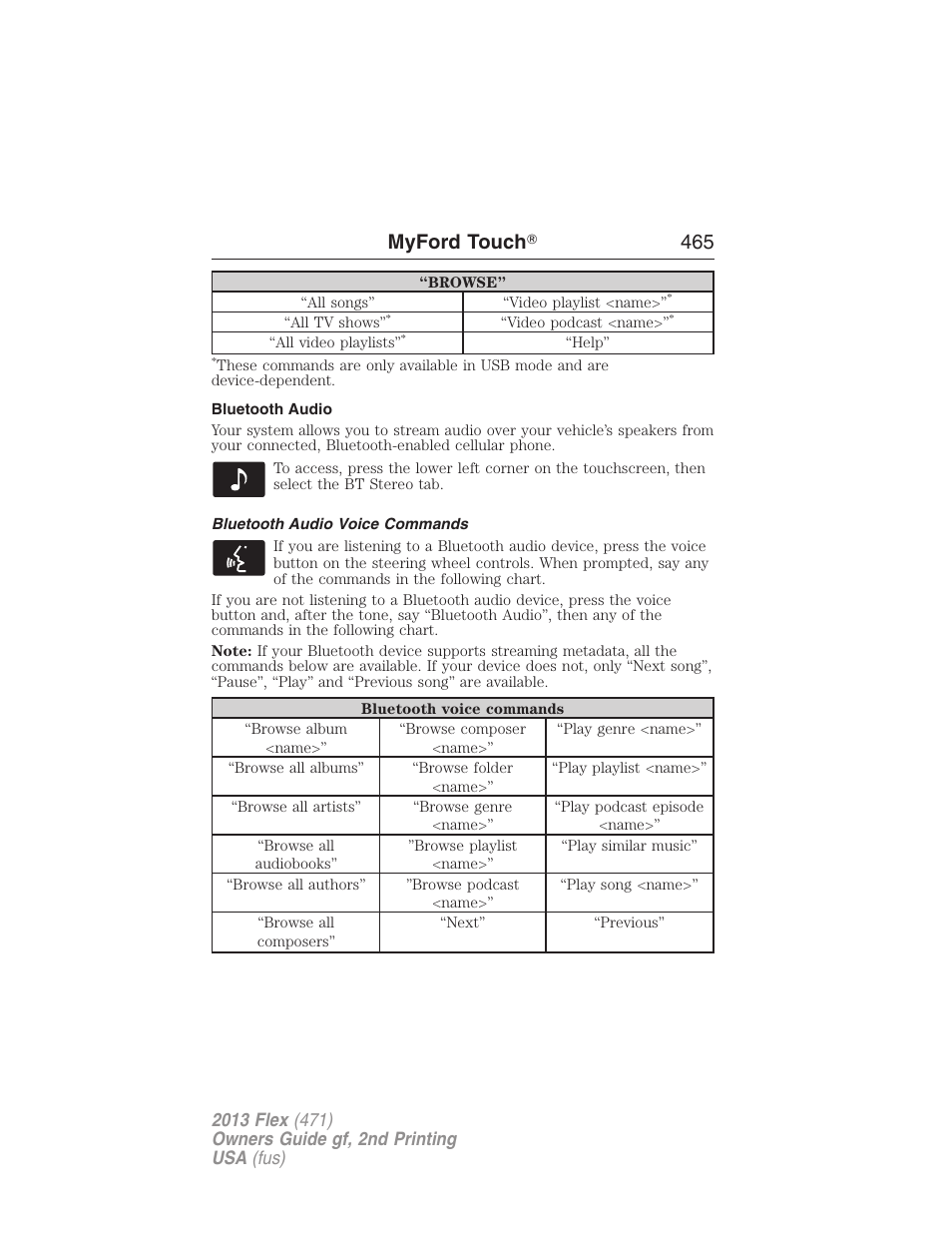 Bluetooth audio, Bluetooth audio voice commands, Myford touch ா 465 | FORD 2013 Flex v.2 User Manual | Page 465 / 535