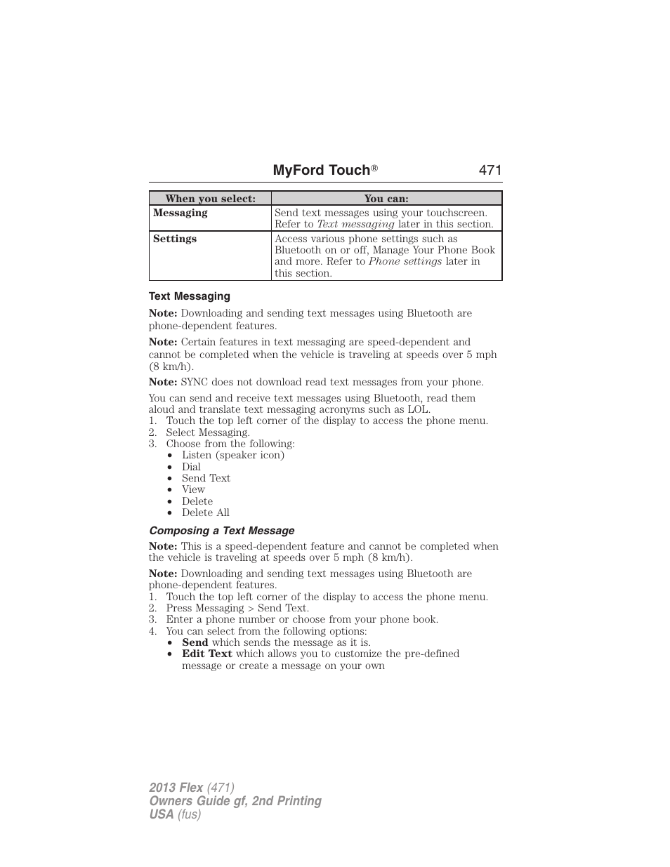 Text messaging, Composing a text message, Myford touch ா 471 | FORD 2013 Flex v.2 User Manual | Page 471 / 535