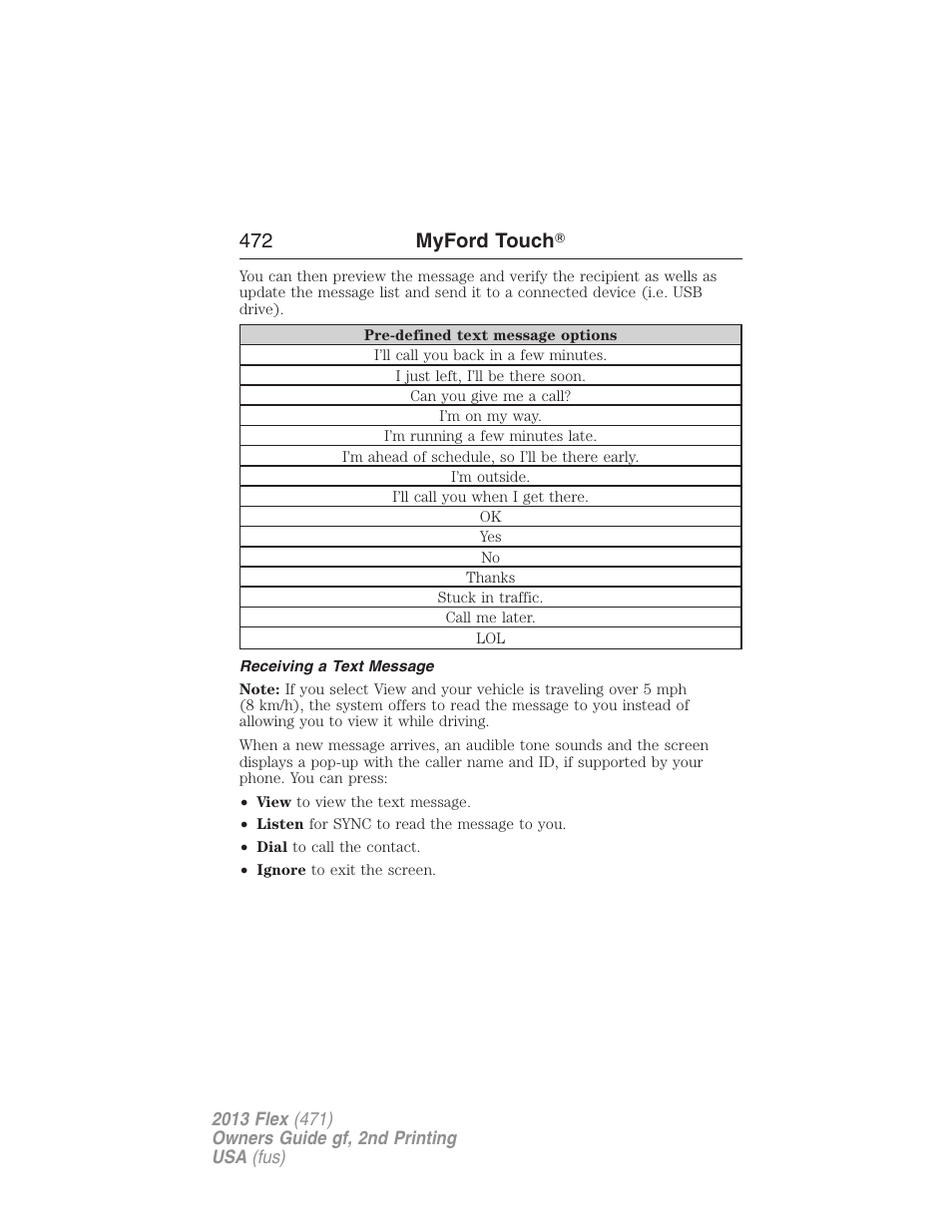 Receiving a text message, 472 myford touch | FORD 2013 Flex v.2 User Manual | Page 472 / 535
