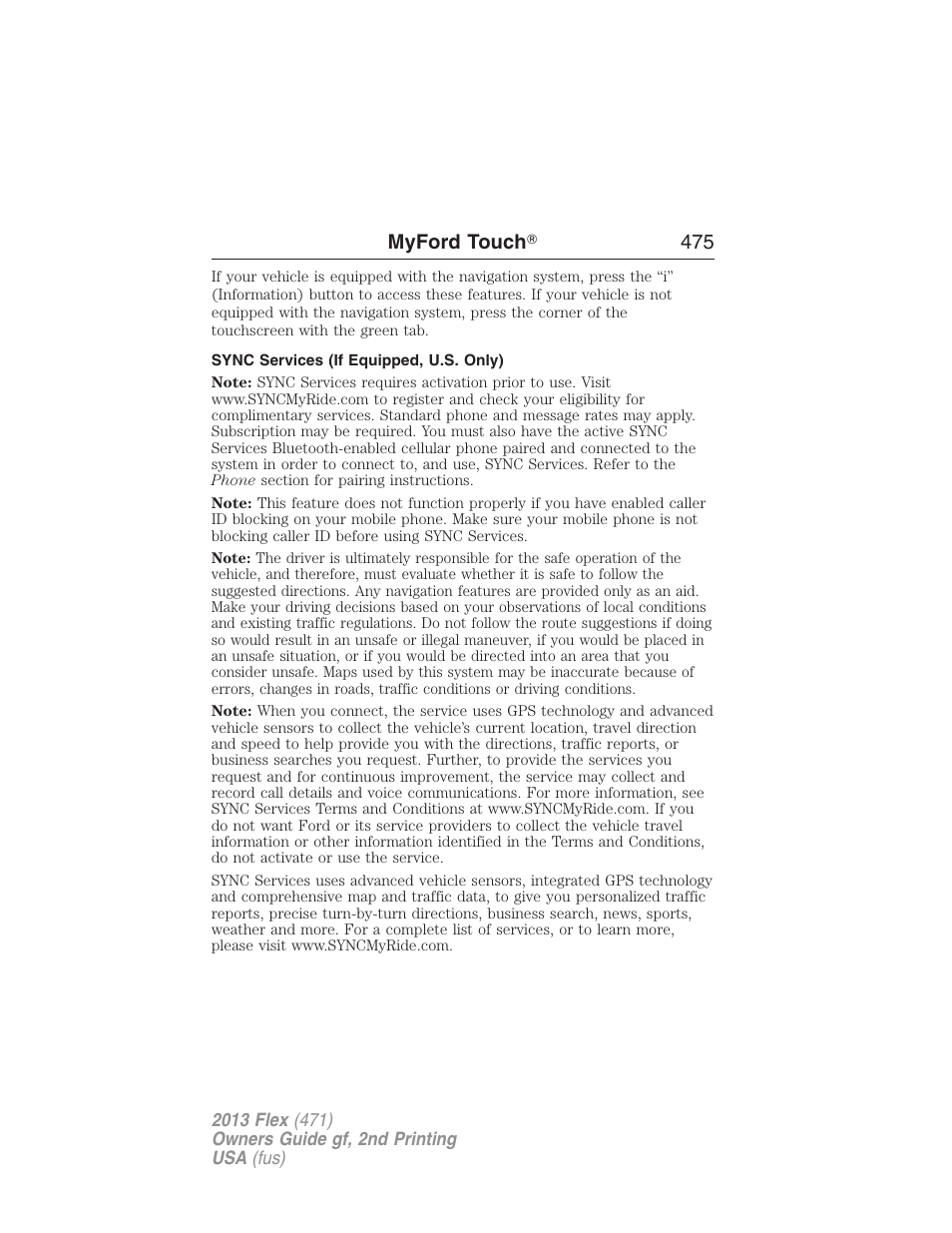 Sync services (if equipped, u.s. only) | FORD 2013 Flex v.2 User Manual | Page 475 / 535