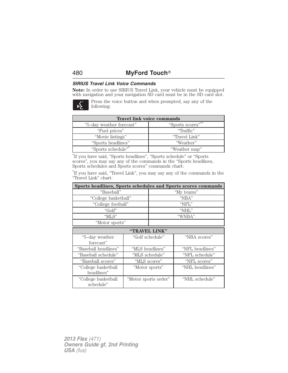 Sirius travel link voice commands, 480 myford touch | FORD 2013 Flex v.2 User Manual | Page 480 / 535