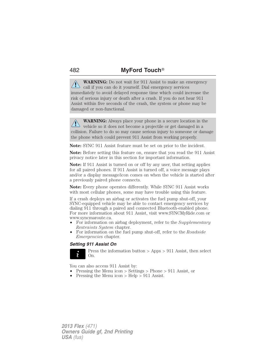 Setting 911 assist on, 482 myford touch | FORD 2013 Flex v.2 User Manual | Page 482 / 535