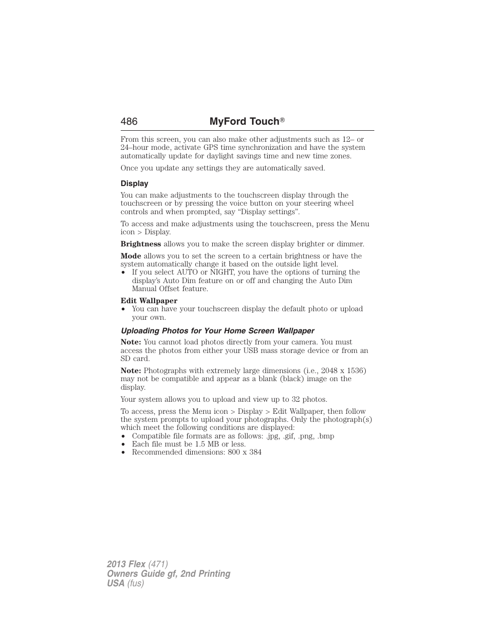 Display, Uploading photos for your home screen wallpaper, 486 myford touch | FORD 2013 Flex v.2 User Manual | Page 486 / 535