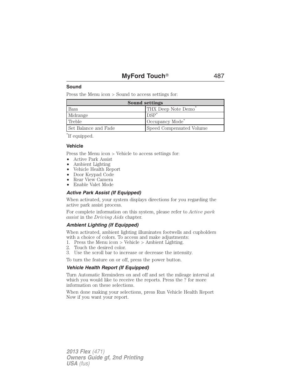 Sound, Vehicle, Active park assist (if equipped) | Ambient lighting (if equipped), Vehicle health report (if equipped), Myford touch ா 487 | FORD 2013 Flex v.2 User Manual | Page 487 / 535