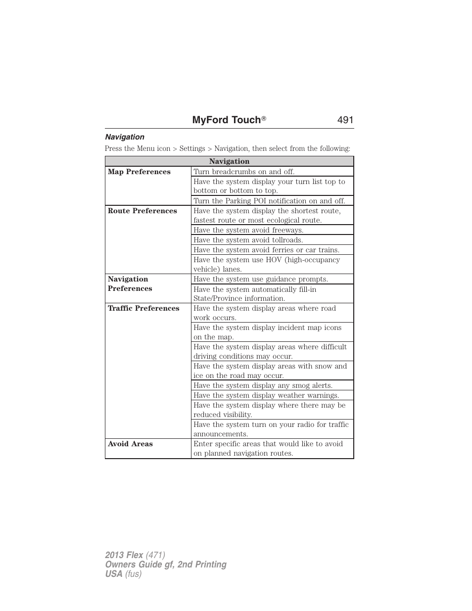 Navigation, Myford touch ா 491 | FORD 2013 Flex v.2 User Manual | Page 491 / 535
