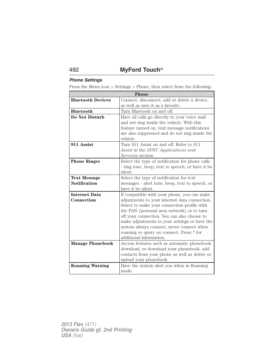 Phone settings, 492 myford touch | FORD 2013 Flex v.2 User Manual | Page 492 / 535