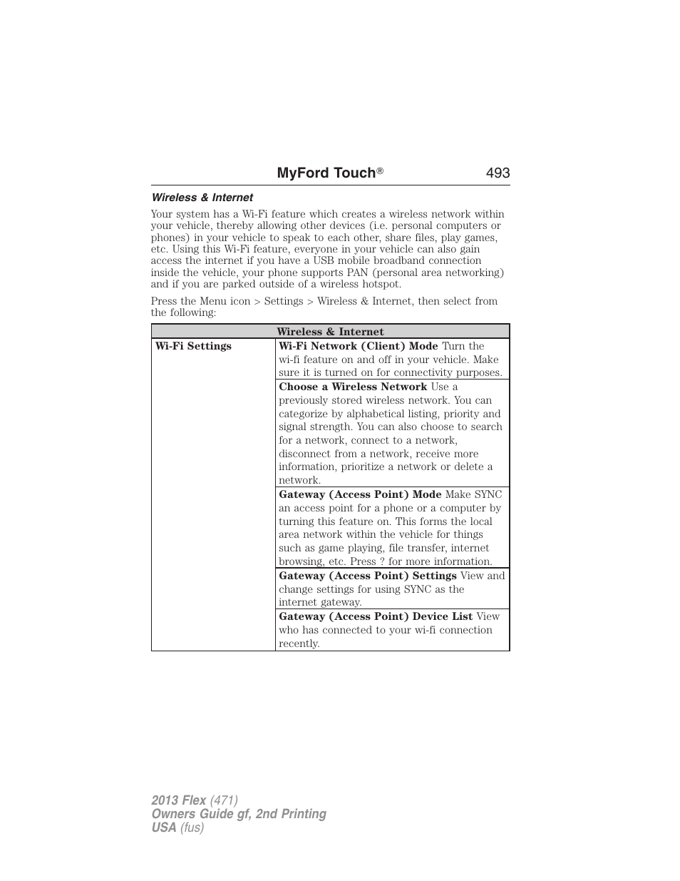 Wireless & internet, Myford touch ா 493 | FORD 2013 Flex v.2 User Manual | Page 493 / 535