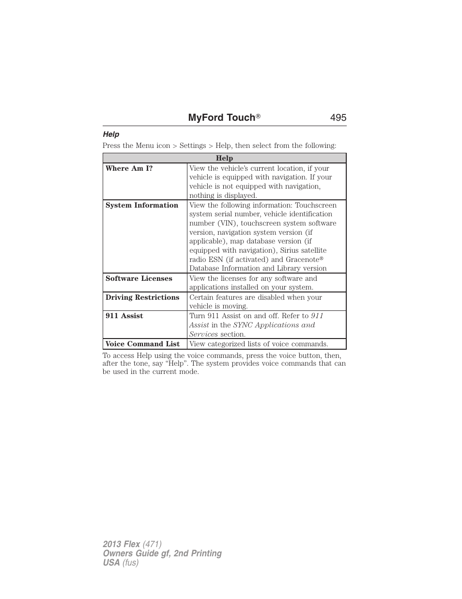 Help, Myford touch ா 495 | FORD 2013 Flex v.2 User Manual | Page 495 / 535