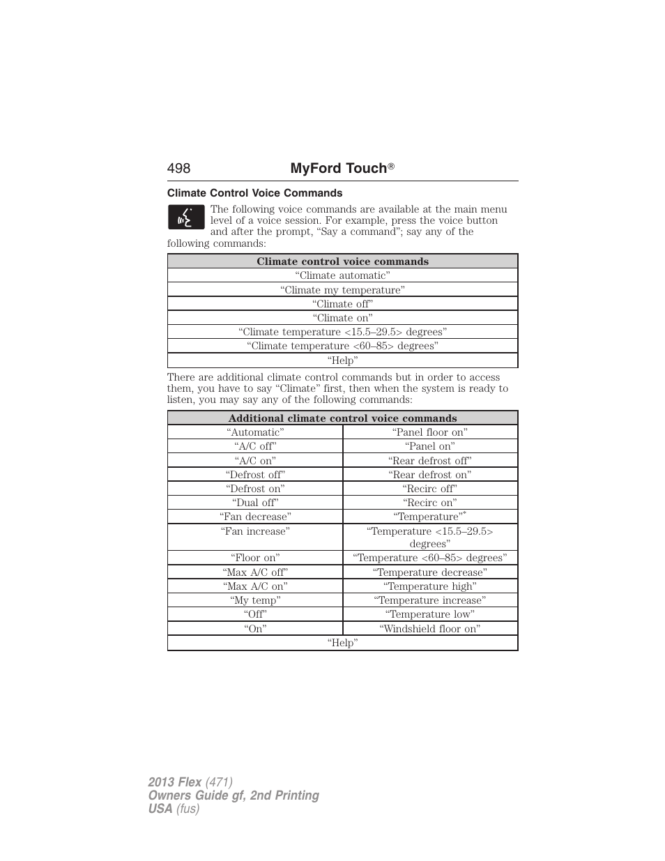 Climate control voice commands, 498 myford touch | FORD 2013 Flex v.2 User Manual | Page 498 / 535