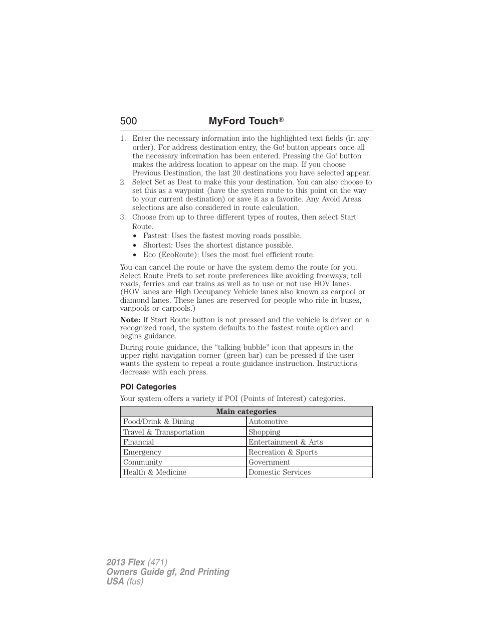 Poi categories, 500 myford touch | FORD 2013 Flex v.2 User Manual | Page 500 / 535