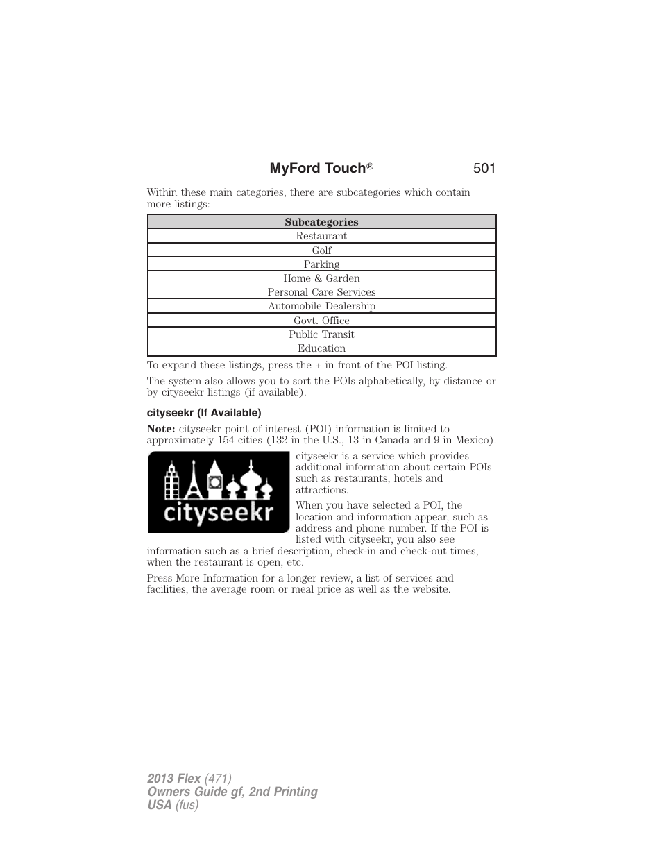 Cityseekr (if available), Myford touch ா 501 | FORD 2013 Flex v.2 User Manual | Page 501 / 535