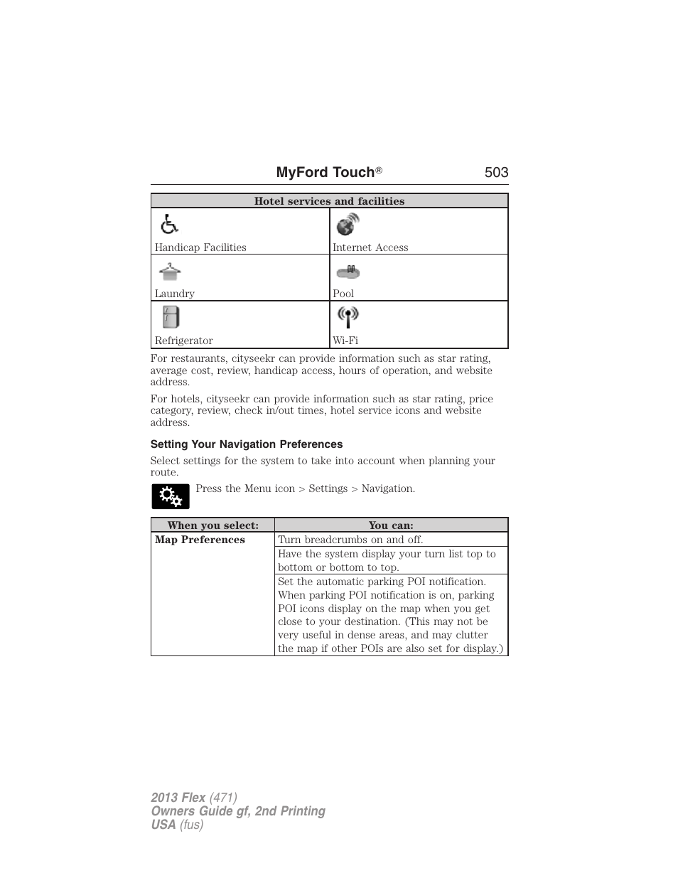 Setting your navigation preferences, Myford touch ா 503 | FORD 2013 Flex v.2 User Manual | Page 503 / 535