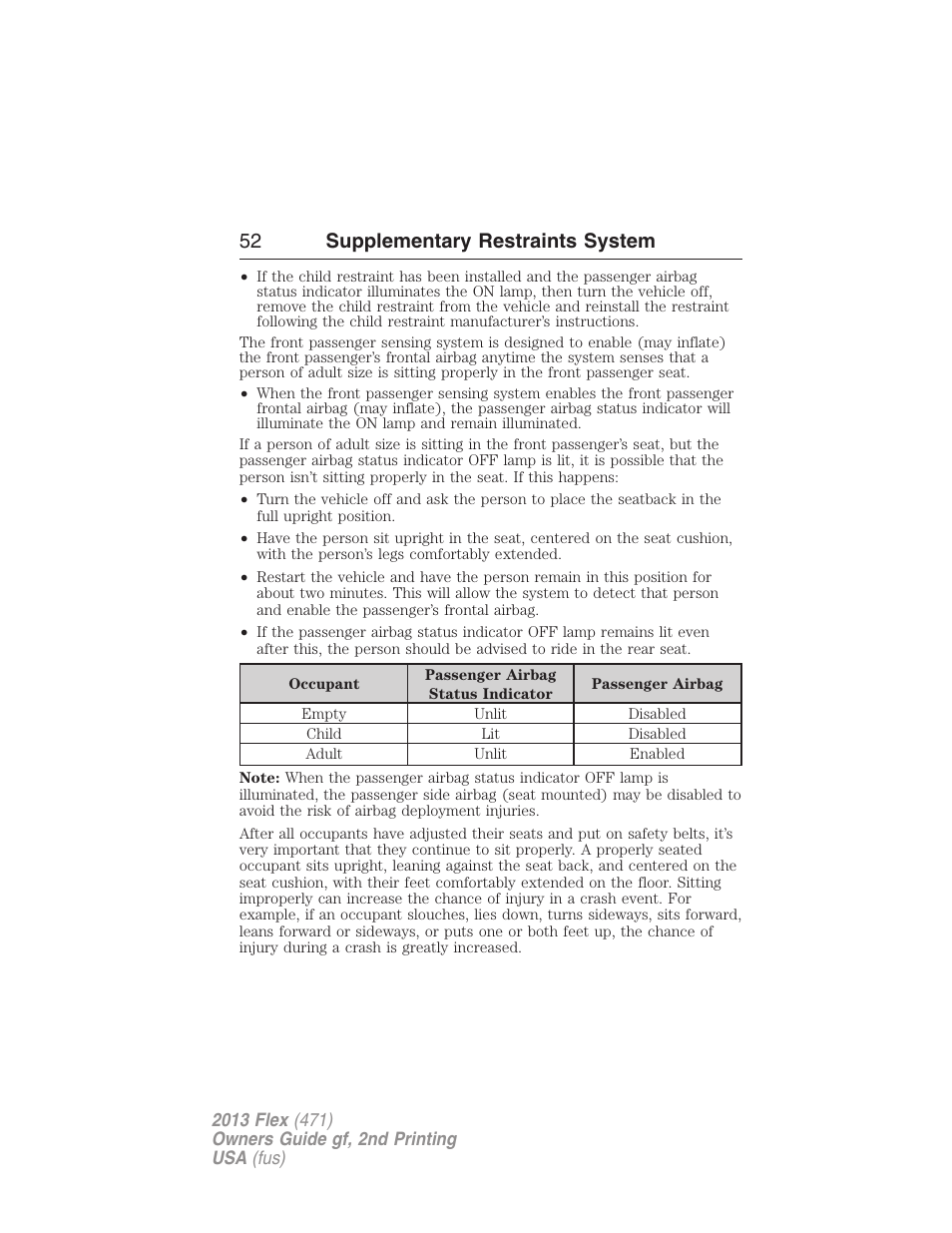 52 supplementary restraints system | FORD 2013 Flex v.2 User Manual | Page 52 / 535