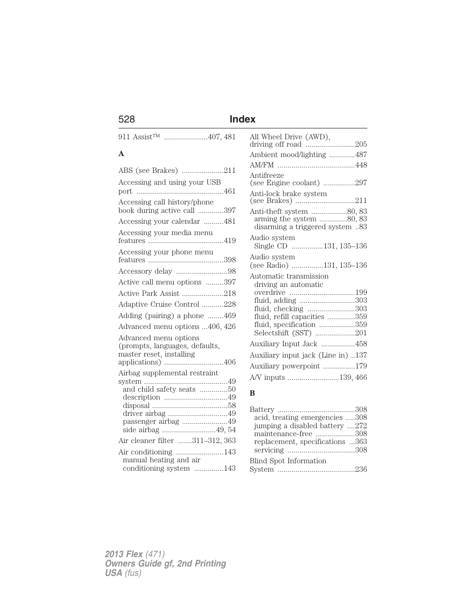 Index, 528 index | FORD 2013 Flex v.2 User Manual | Page 528 / 535