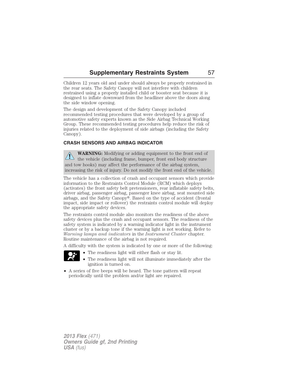 Crash sensors and airbag indicator, Supplementary restraints system 57 | FORD 2013 Flex v.2 User Manual | Page 57 / 535