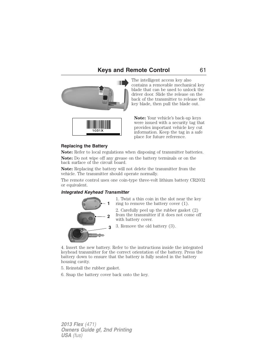 Replacing the battery, Integrated keyhead transmitter, Keys and remote control 61 | FORD 2013 Flex v.2 User Manual | Page 61 / 535