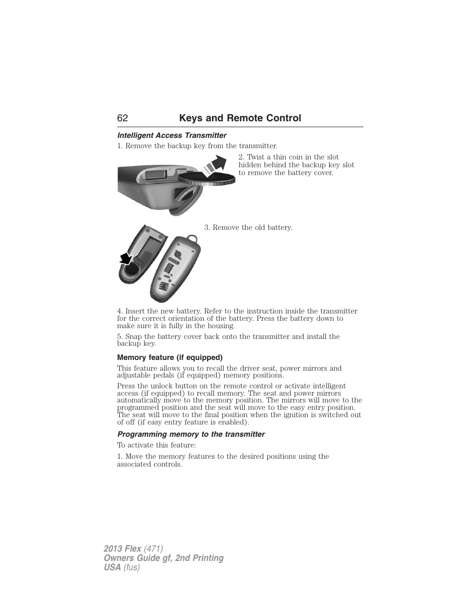 Intelligent access transmitter, Memory feature (if equipped), Programming memory to the transmitter | 62 keys and remote control | FORD 2013 Flex v.2 User Manual | Page 62 / 535