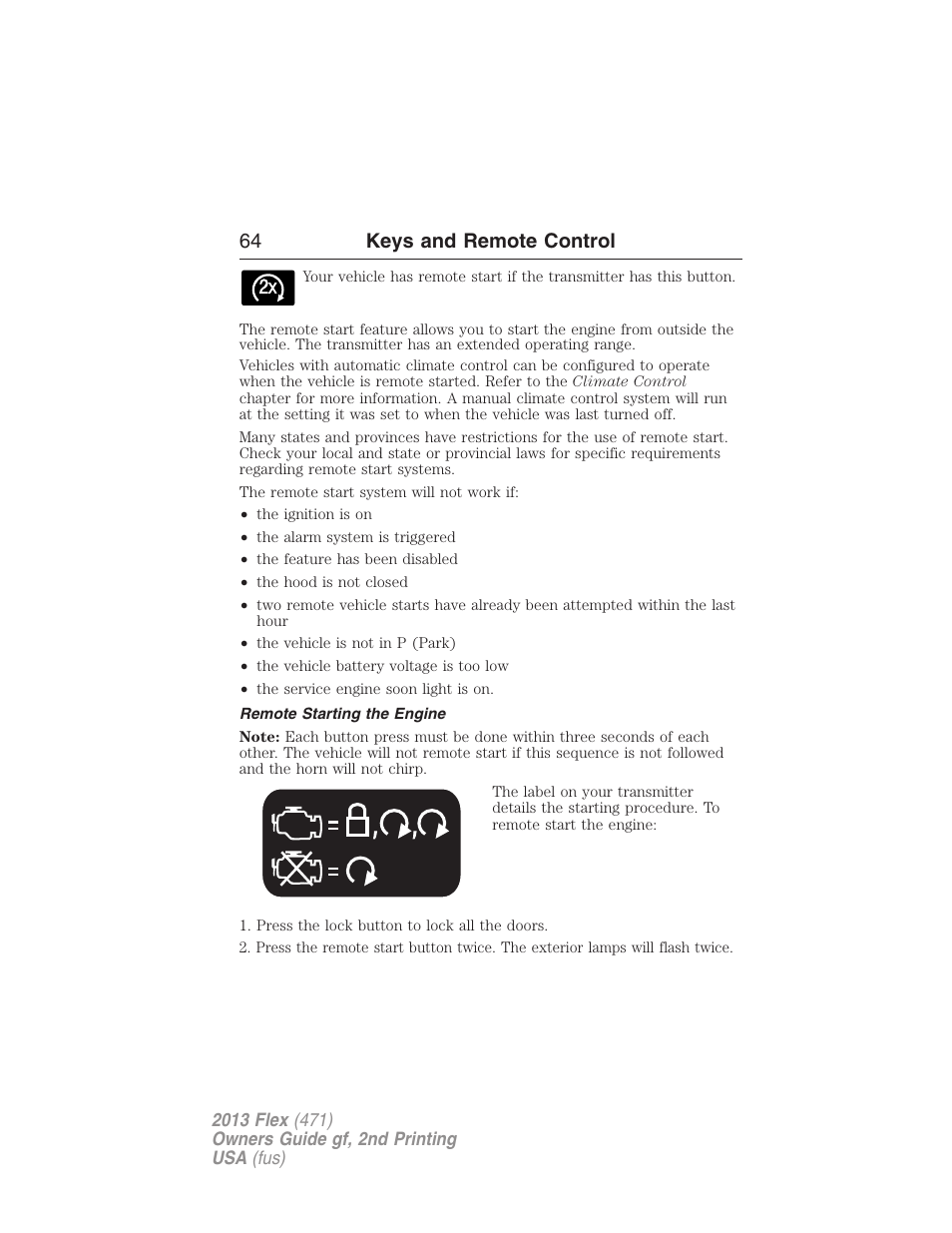 Remote starting the engine, 64 keys and remote control | FORD 2013 Flex v.2 User Manual | Page 64 / 535