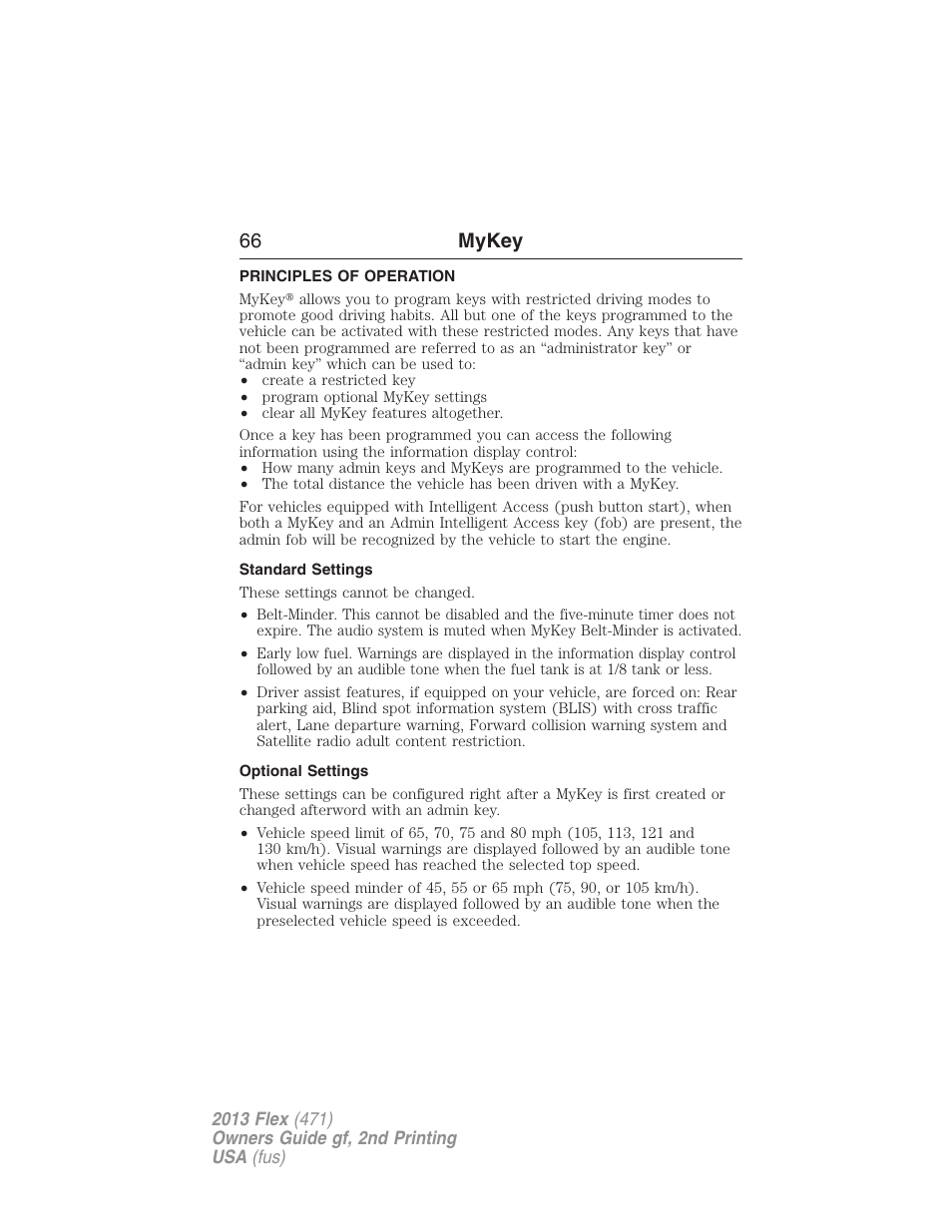 Mykey, Principles of operation, Standard settings | Optional settings, Settings, mykey, 66 mykey | FORD 2013 Flex v.2 User Manual | Page 66 / 535