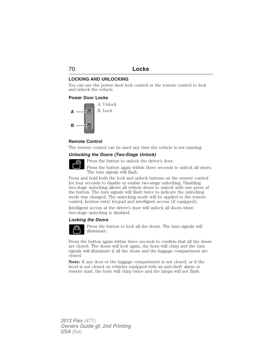 Locks, Locking and unlocking, Power door locks | Remote control, Unlocking the doors (two-stage unlock), Locking the doors, 70 locks | FORD 2013 Flex v.2 User Manual | Page 70 / 535
