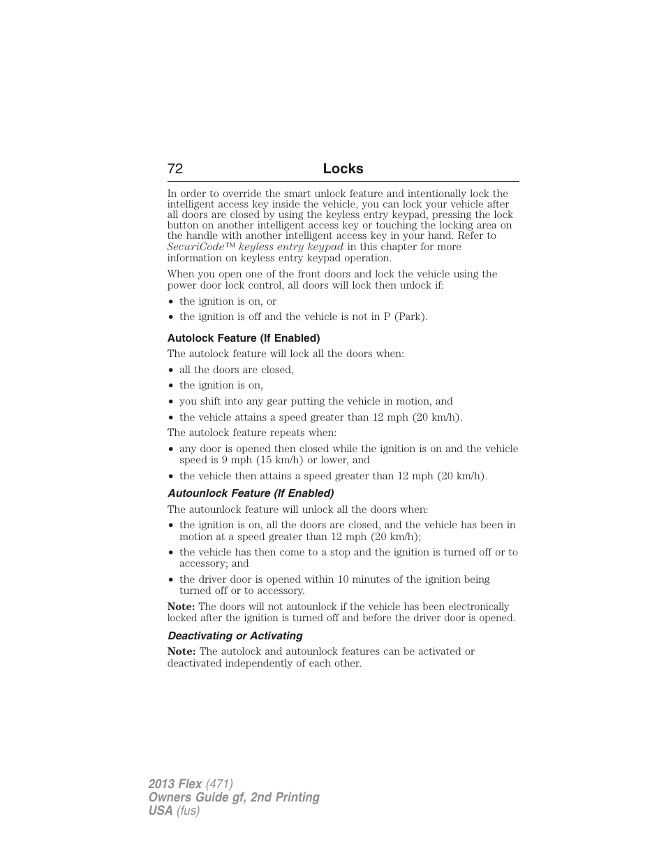 Autolock feature (if enabled), Autounlock feature (if enabled), Deactivating or activating | 72 locks | FORD 2013 Flex v.2 User Manual | Page 72 / 535