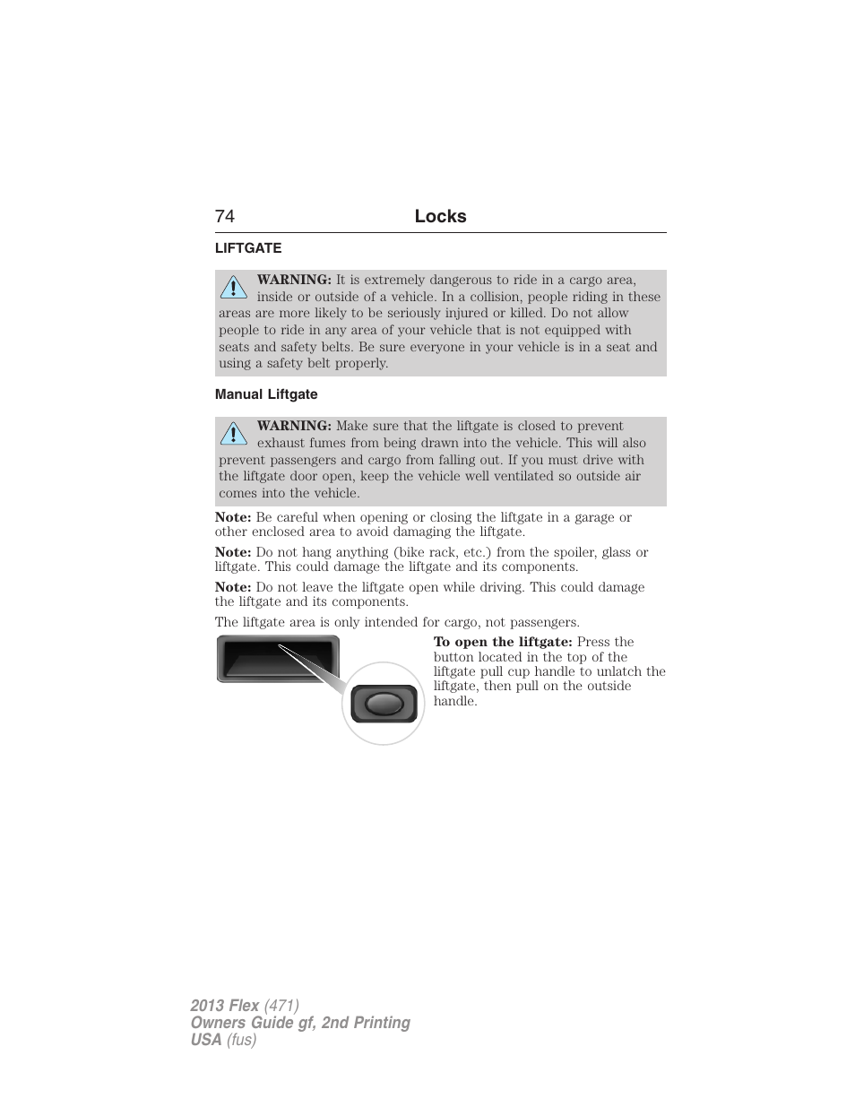 Liftgate, Manual liftgate, 74 locks | FORD 2013 Flex v.2 User Manual | Page 74 / 535