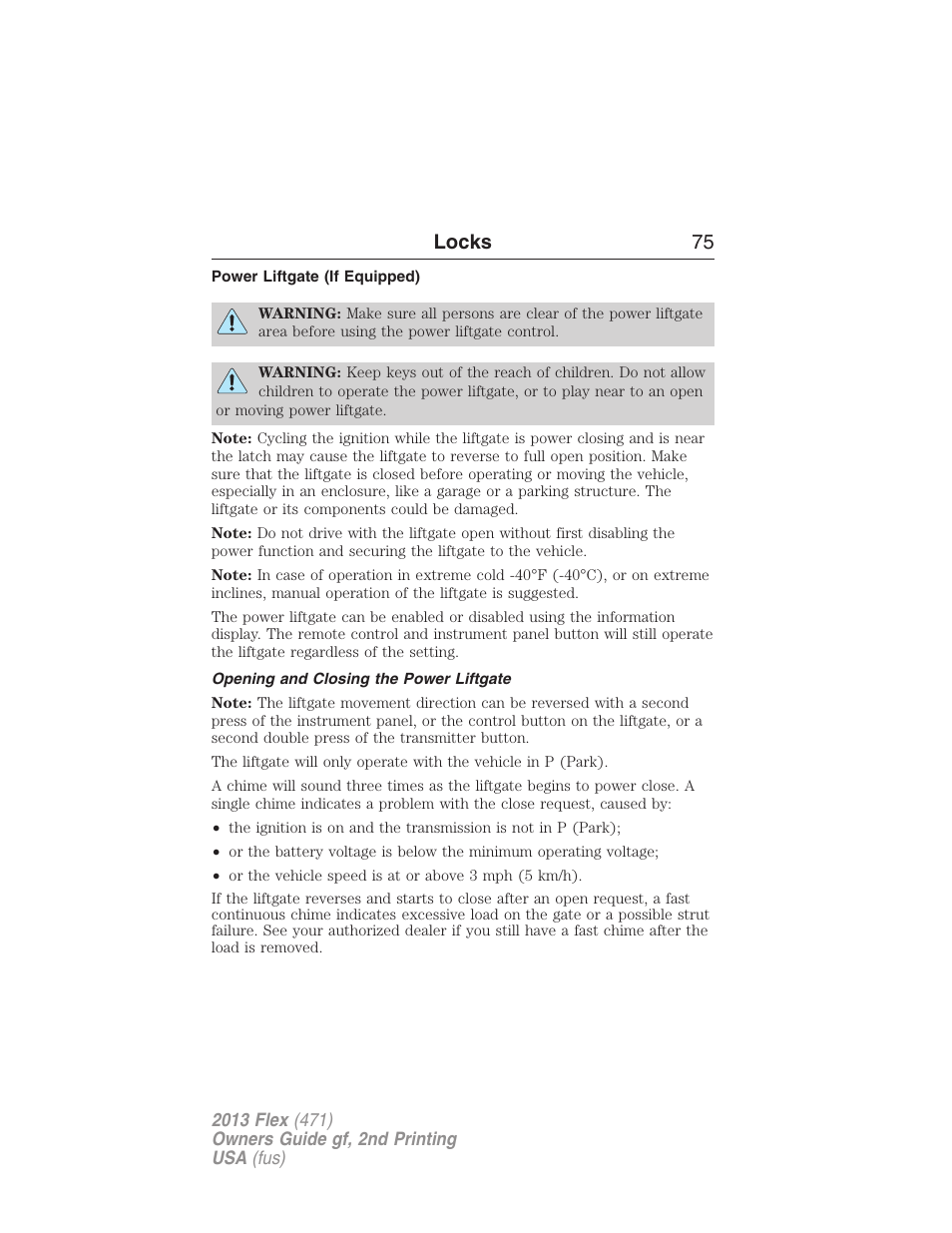 Power liftgate (if equipped), Opening and closing the power liftgate, Locks 75 | FORD 2013 Flex v.2 User Manual | Page 75 / 535