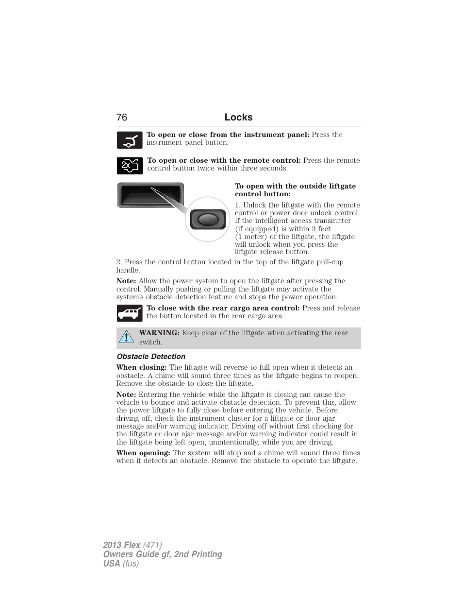 Obstacle detection, 76 locks | FORD 2013 Flex v.2 User Manual | Page 76 / 535