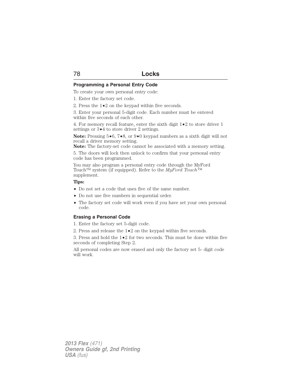 Programming a personal entry code, Erasing a personal code, 78 locks | FORD 2013 Flex v.2 User Manual | Page 78 / 535