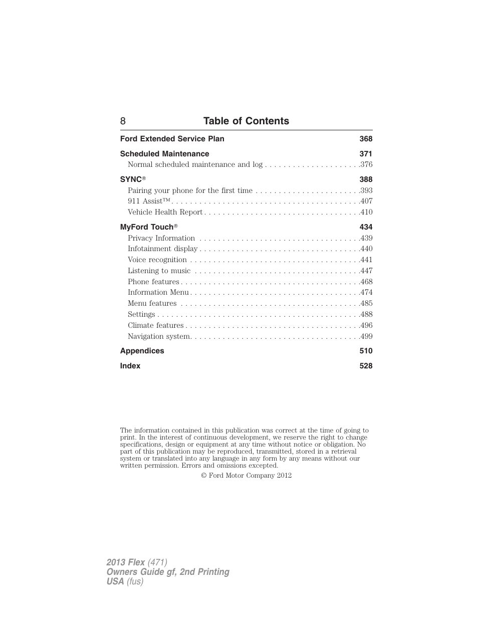 8table of contents | FORD 2013 Flex v.2 User Manual | Page 8 / 535