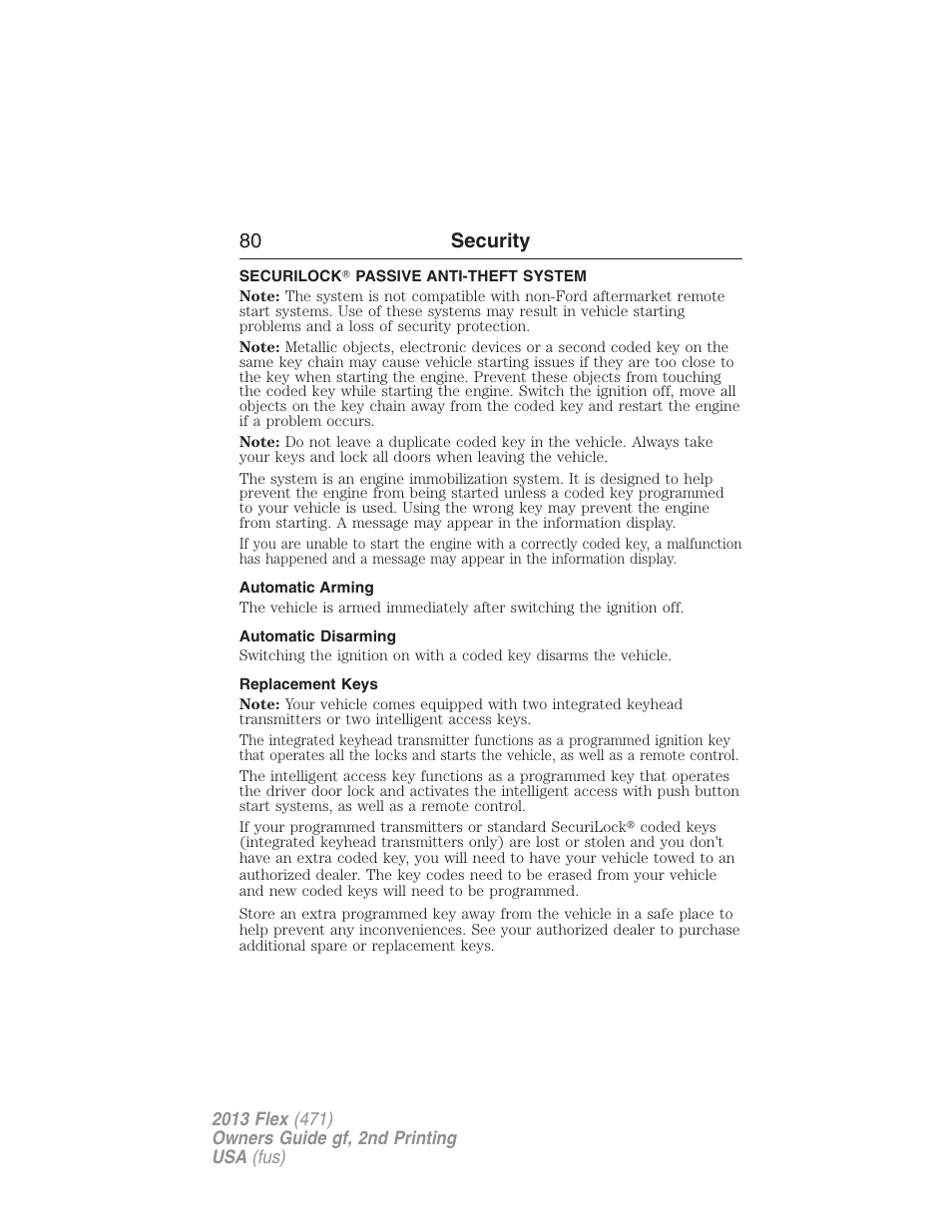 Security, Securilock? passive anti-theft system, Automatic arming | Automatic disarming, Replacement keys, Securilock, Passive anti-theft system, 80 security | FORD 2013 Flex v.2 User Manual | Page 80 / 535
