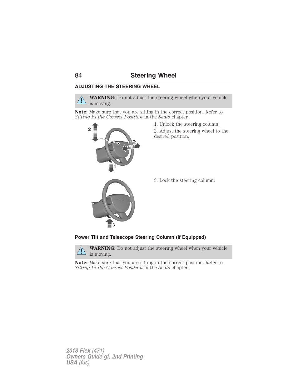 Steering wheel, Adjusting the steering wheel, 84 steering wheel | FORD 2013 Flex v.2 User Manual | Page 84 / 535