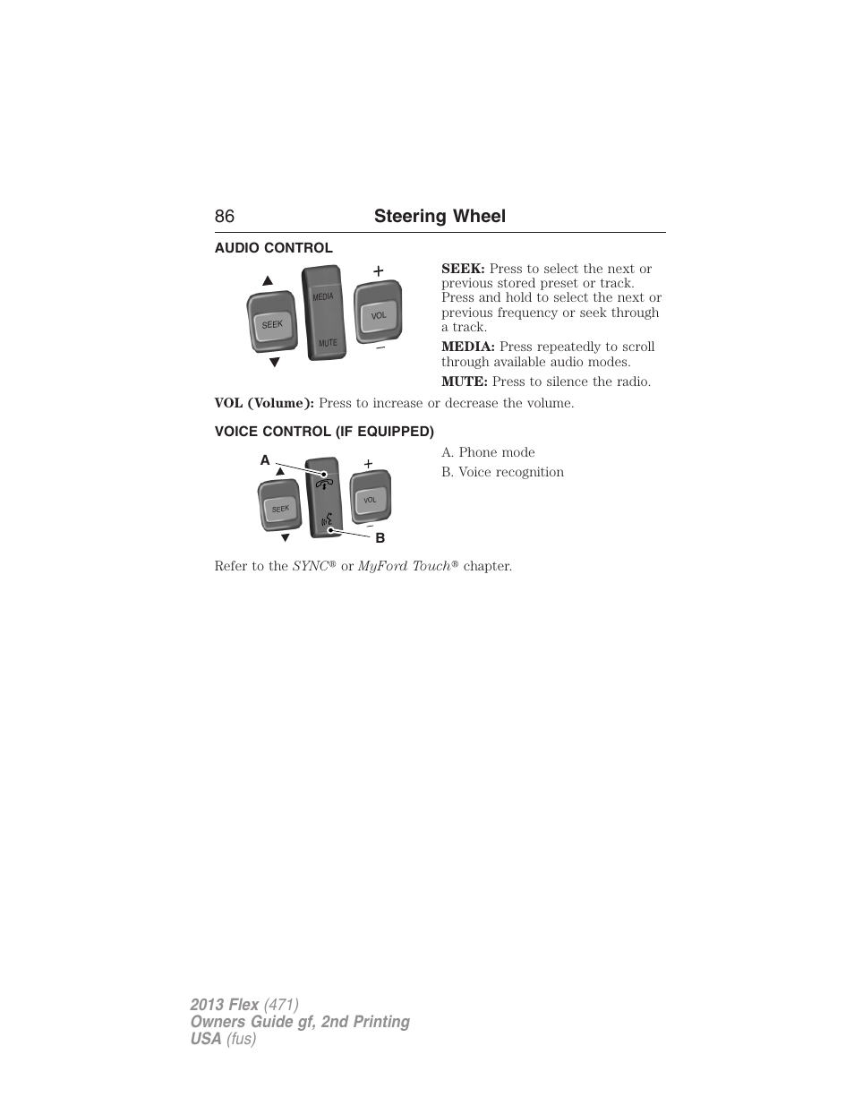 Audio control, Voice control (if equipped), Steering wheel controls | 86 steering wheel | FORD 2013 Flex v.2 User Manual | Page 86 / 535