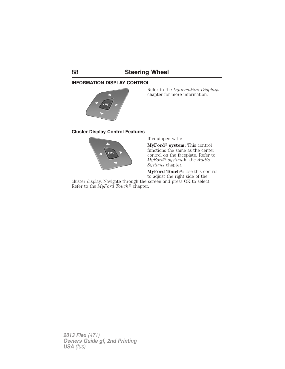 Information display control, Cluster display control features, 88 steering wheel | FORD 2013 Flex v.2 User Manual | Page 88 / 535