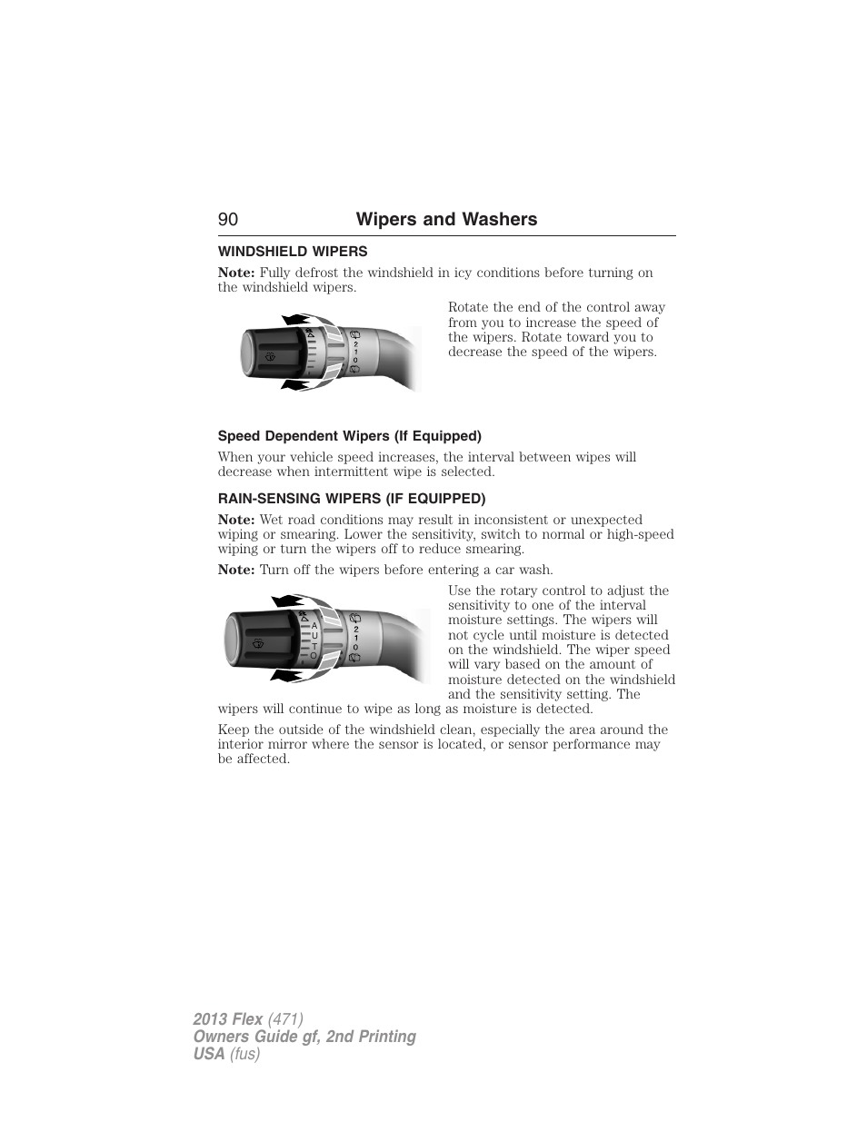 Wipers and washers, Windshield wipers, Speed dependent wipers (if equipped) | Rain-sensing wipers (if equipped), Rain-sensing wipers, 90 wipers and washers | FORD 2013 Flex v.2 User Manual | Page 90 / 535