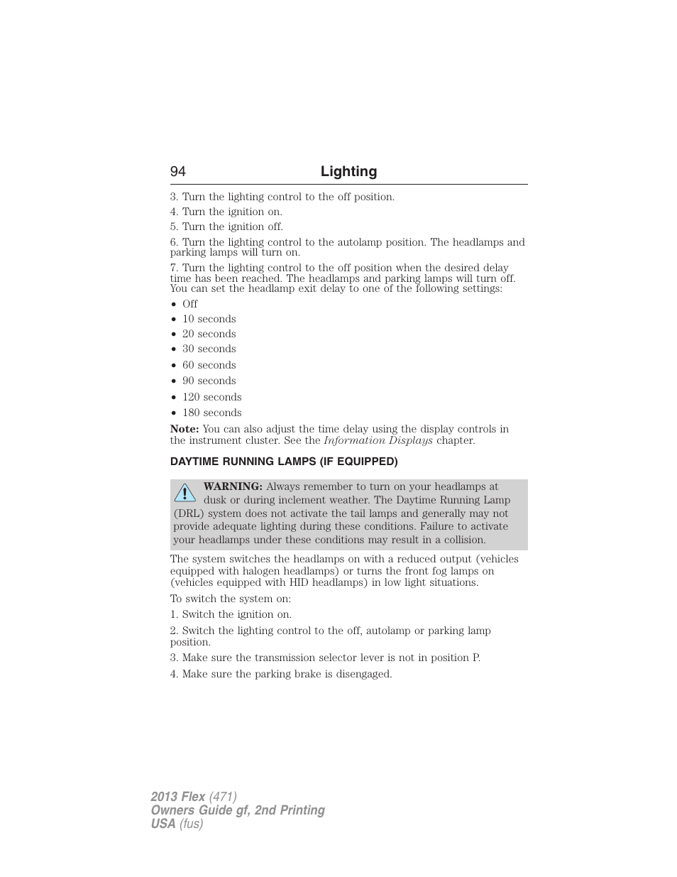 Daytime running lamps (if equipped), Daytime running lamps, 94 lighting | FORD 2013 Flex v.2 User Manual | Page 94 / 535