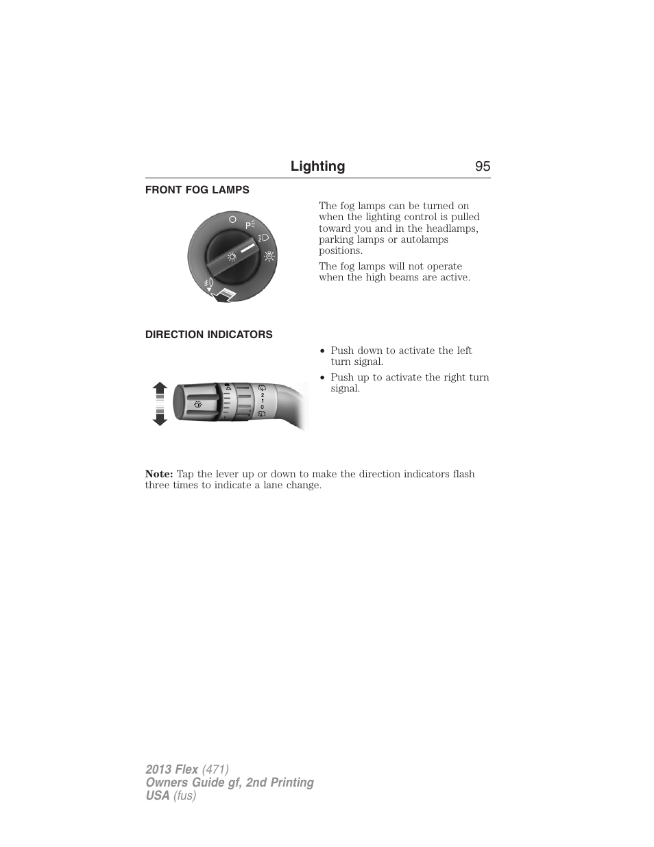 Front fog lamps, Direction indicators, Turn signal control | Lighting 95 | FORD 2013 Flex v.2 User Manual | Page 95 / 535