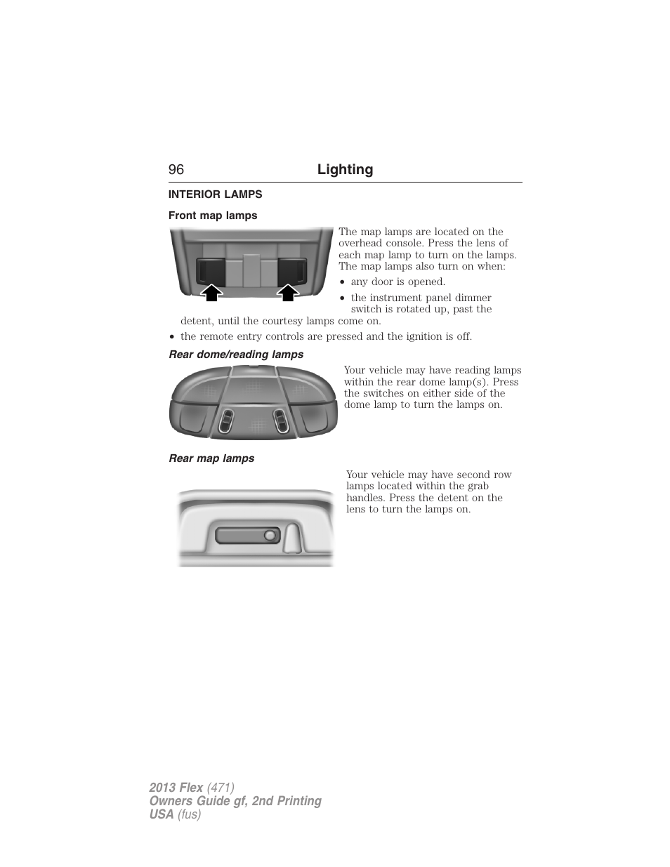 Interior lamps, Front map lamps, Rear dome/reading lamps | Rear map lamps, 96 lighting | FORD 2013 Flex v.2 User Manual | Page 96 / 535