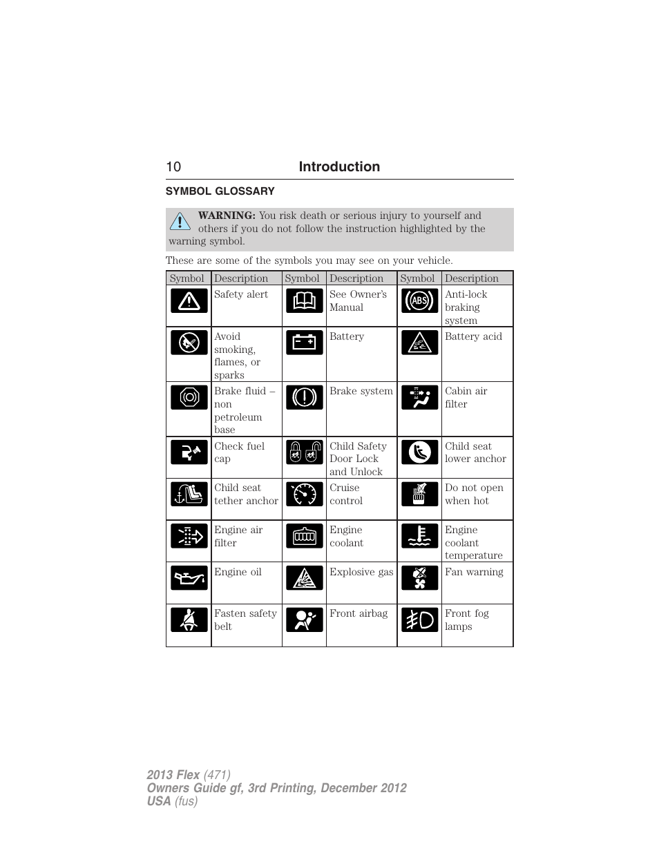 Symbol glossary, 10 introduction | FORD 2013 Flex v.3 User Manual | Page 11 / 547