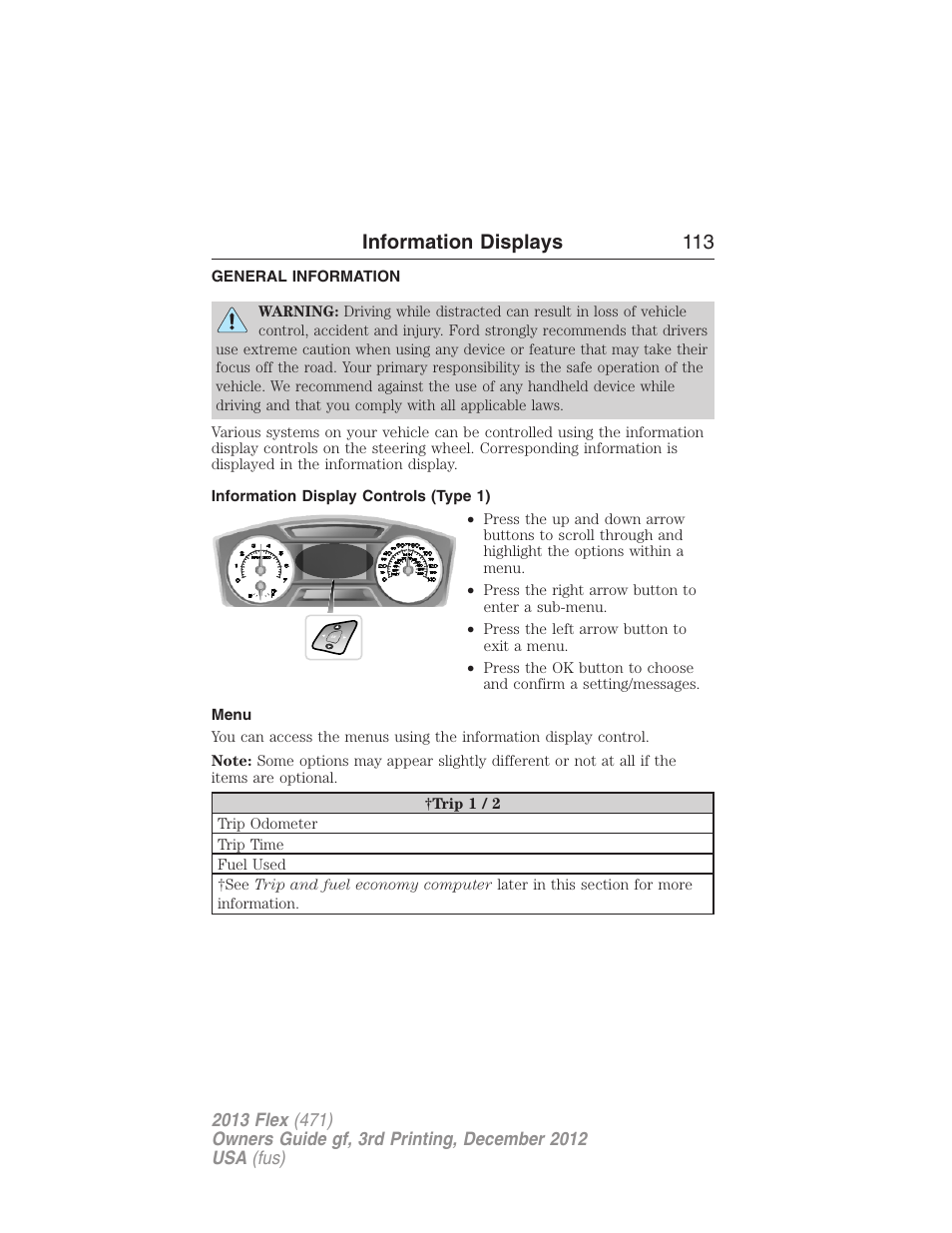 Information displays, General information, Information display controls (type 1) | Menu, Controls, Information displays 113 | FORD 2013 Flex v.3 User Manual | Page 114 / 547