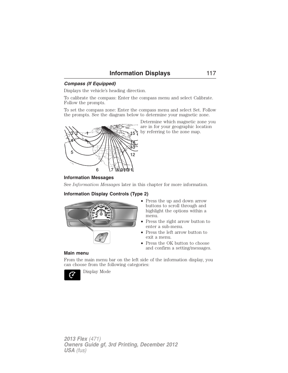Compass (if equipped), Information messages, Information display controls (type 2) | Main menu, Information displays 117 | FORD 2013 Flex v.3 User Manual | Page 118 / 547