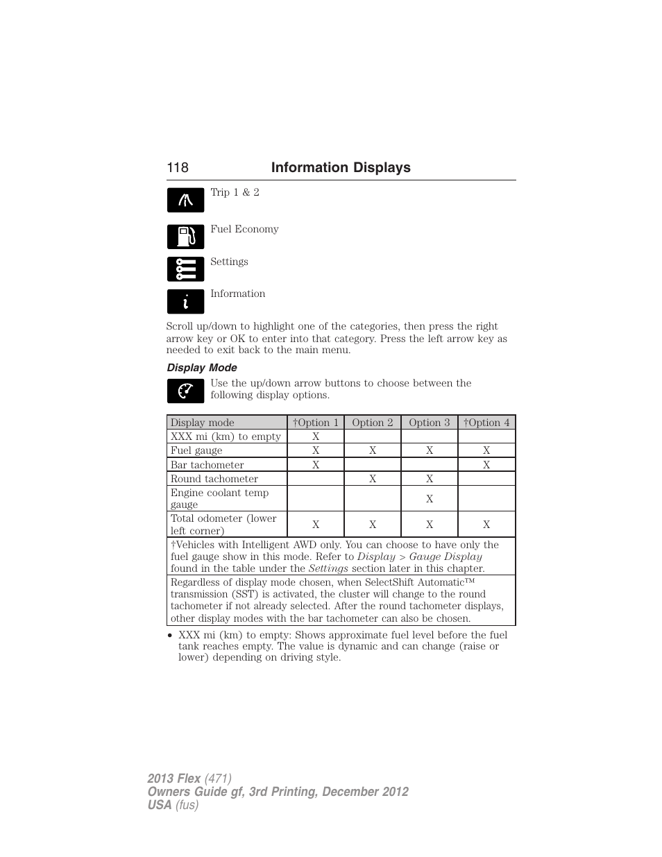 Display mode, 118 information displays | FORD 2013 Flex v.3 User Manual | Page 119 / 547
