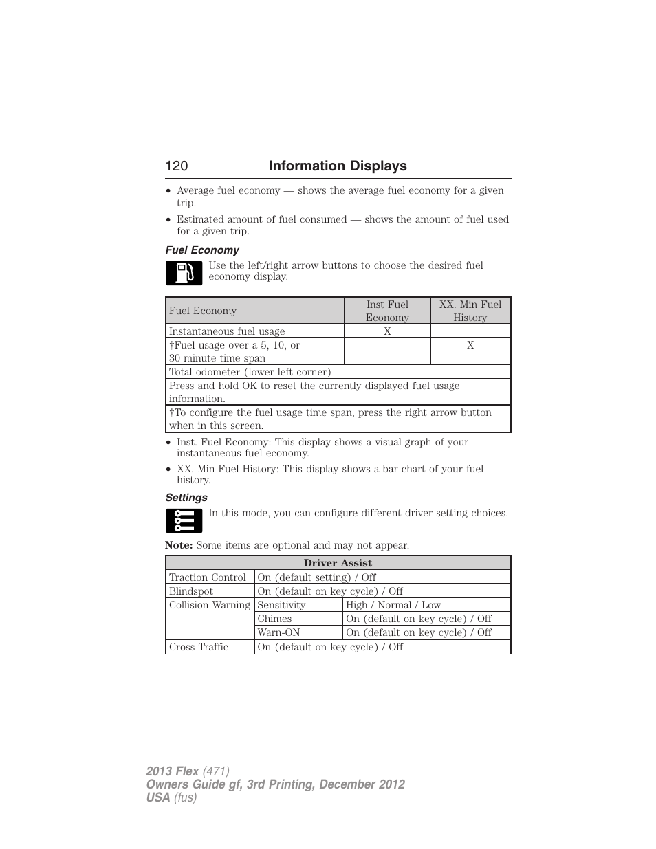 Fuel economy, Settings, 120 information displays | FORD 2013 Flex v.3 User Manual | Page 121 / 547