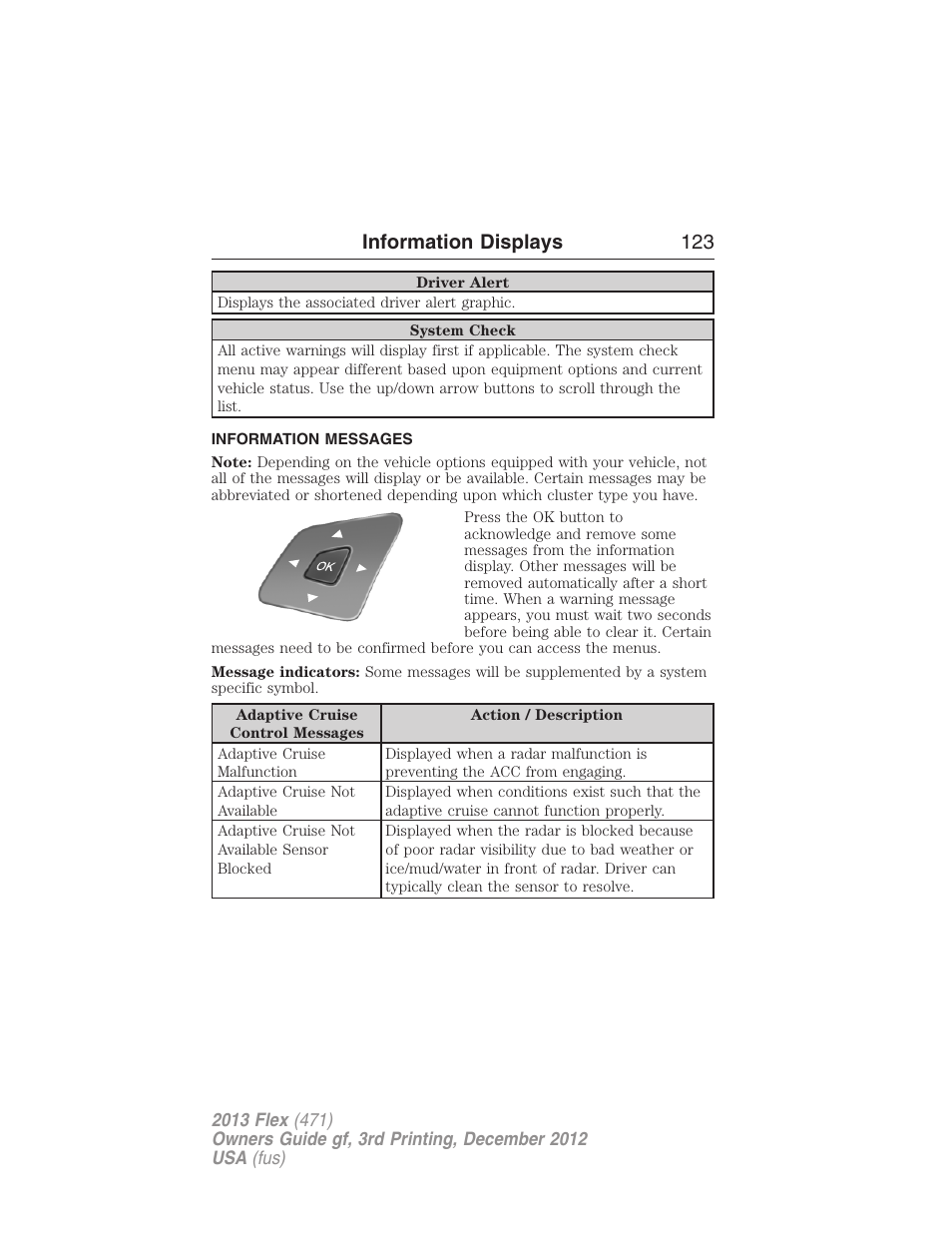 Information messages, Information displays 123 | FORD 2013 Flex v.3 User Manual | Page 124 / 547