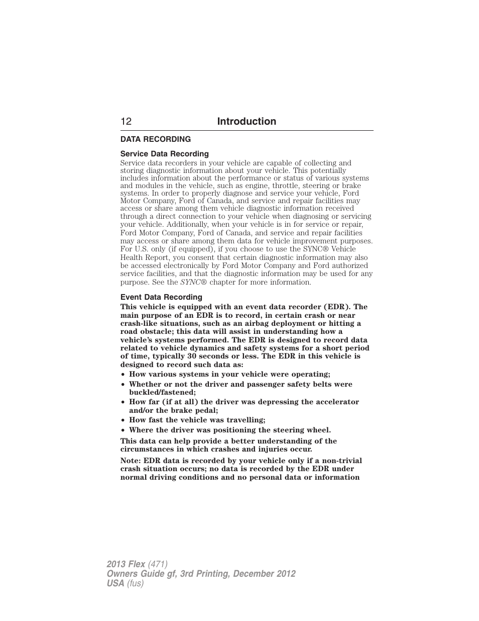 Data recording, Service data recording, Event data recording | 12 introduction | FORD 2013 Flex v.3 User Manual | Page 13 / 547