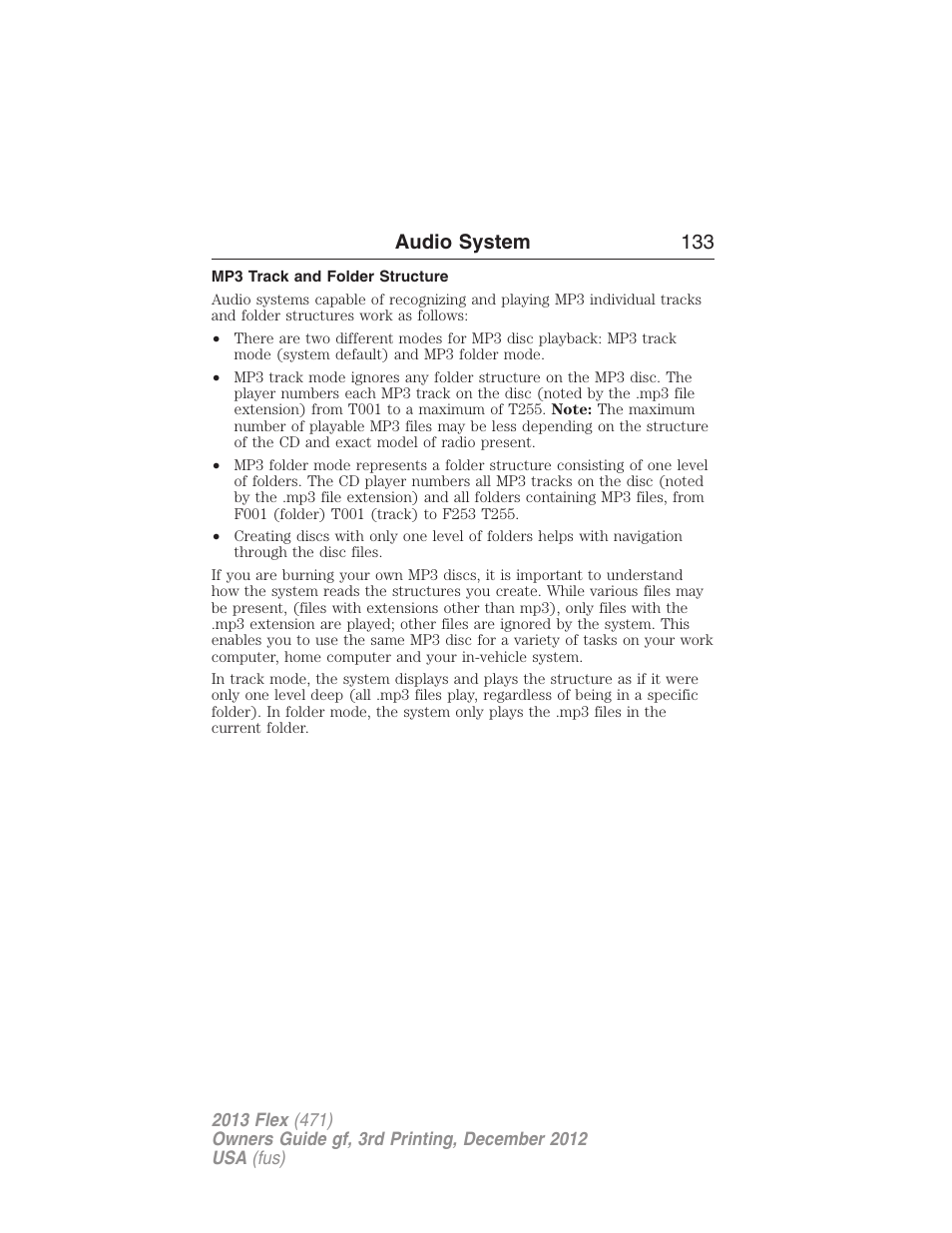 Mp3 track and folder structure, Audio system 133 | FORD 2013 Flex v.3 User Manual | Page 134 / 547